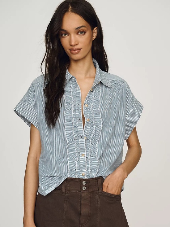 Pilcro Tops - Anthropologie Pilcro Blue Striped Ruffle-Trim Button Front Shirt Top Blouse